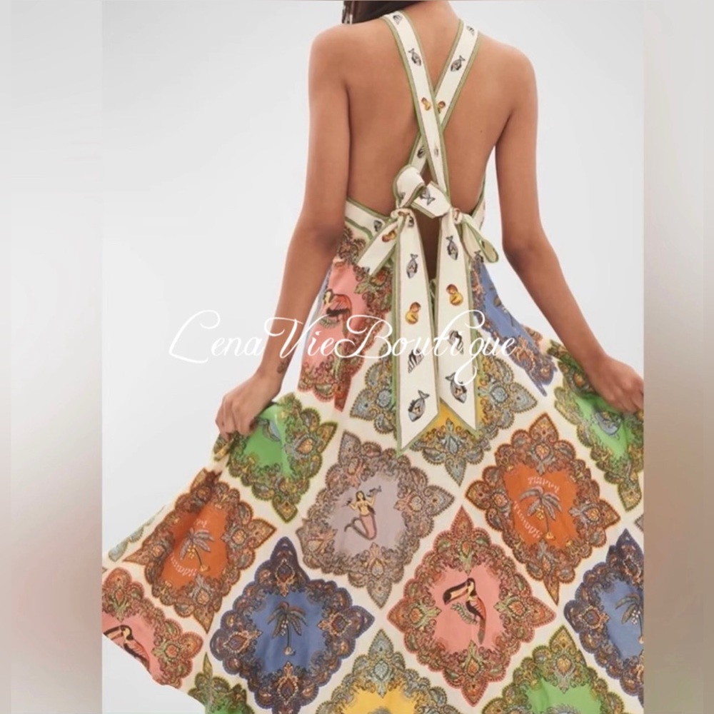 LenaVie Boutique | Tropical Tile-Print Cotton Halter A Line Mermaid Dress - Picture 5 of 14